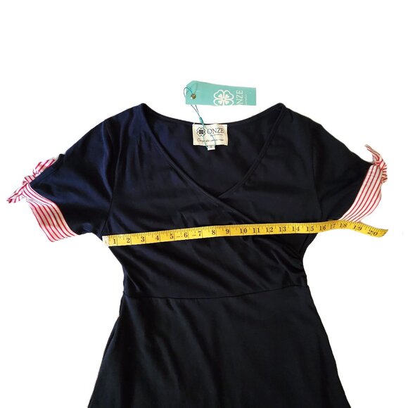 NWT ONZE MONTREAL Navy Blue & Red & White Striped Cuffs Dress Size Small - Picture 4 of 7